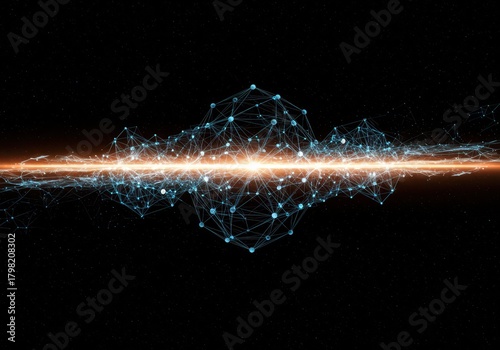 Massive scale abstract visualization of exponential growth, featuring interconnected geometric structures and flowing light trails in deep dark space, numerical, analysis, exponential