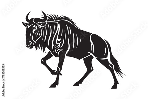 Stylized silhouette of a wildebeest in motion