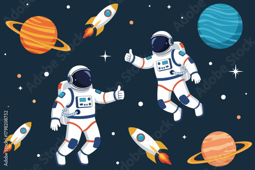 Astronauts in Space with Rockets and Planets - Vector Illustration