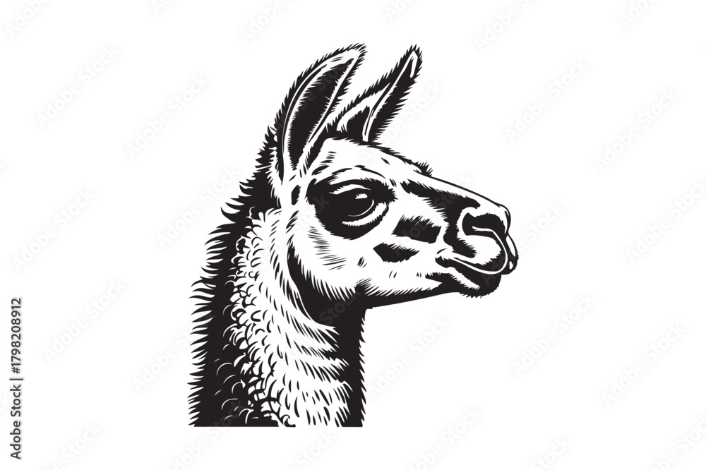 Fototapeta premium Detailed black and white illustration of a llama head