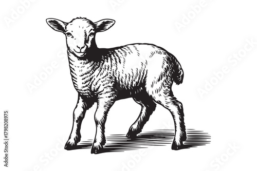 Vintage sketch of a young lamb standing