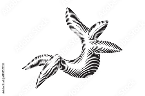 Stylized black and white illustration of a whimsical creature