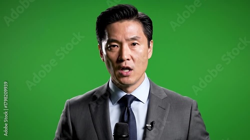 Asian man in suit speaking. Journalist on green screen. News anchor. Businessman talking. Microphone in front. Formal wear. Gray suit. Professional setting. Media personality. Broadcast studio.