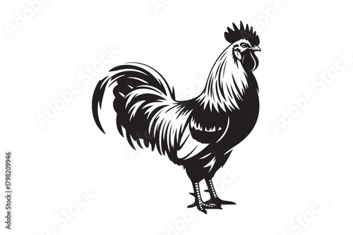 Striking black and white illustration of a majestic rooster