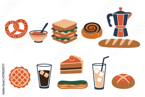 Bakery Food Set Illustration Bread, Pastries, Coffee, and Drinks