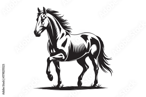Elegant black and white horse illustration in motion