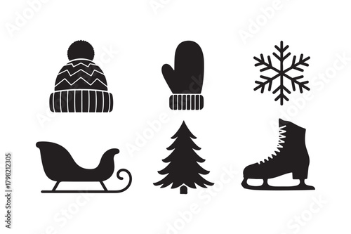 Winter holiday icons hat mitten snowflake sleigh tree and ice skate
