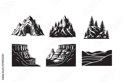 Black and white illustrations of diverse mountainous landscapes and rock formations