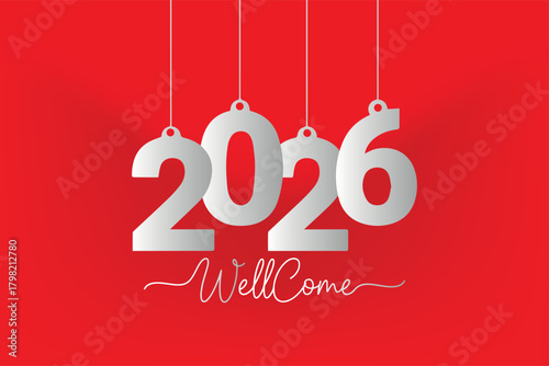 Festive graphic featuring hanging white 2026 numbers on a red backdrop, paired with the misspelled word "WellCome." Useful for design tutorials showcasing holiday typography and script elements.