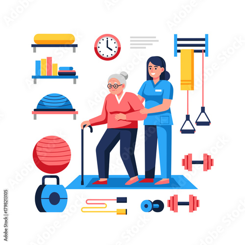 Elderly woman receiving assistance in physical therapy session indoors  