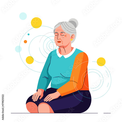Elderly woman sitting and doing breathing exercises with closed eyes  