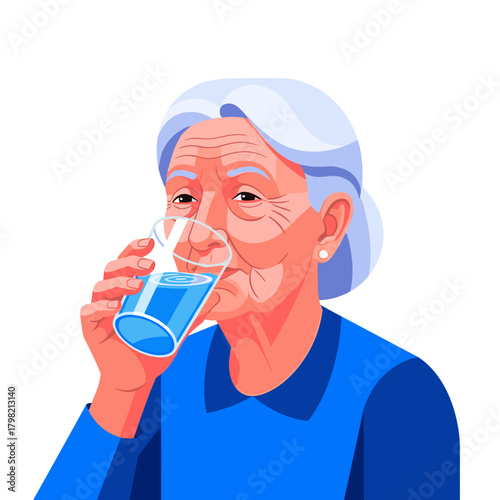 Elderly woman drinking water and smiling in a blue shirt  