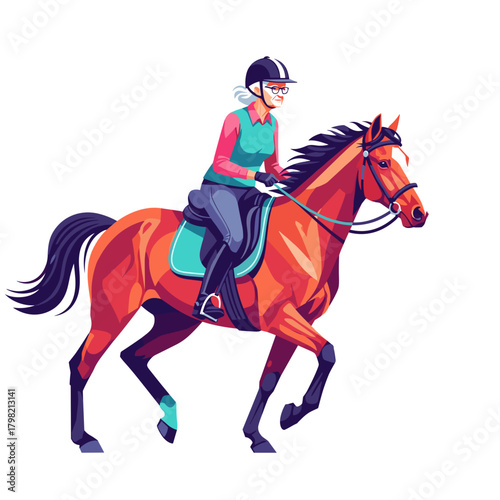 Elderly woman riding a horse in an outdoor setting, enjoying equestrian sport  