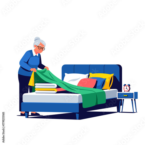 Elderly woman making bed with green blanket in modern bedroom  