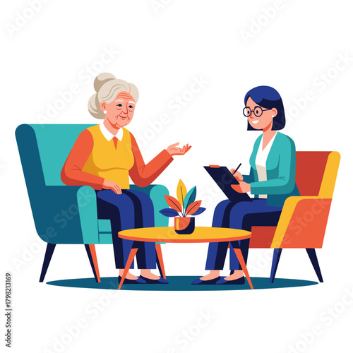 Elderly woman participating in therapy session with psychologist at home  