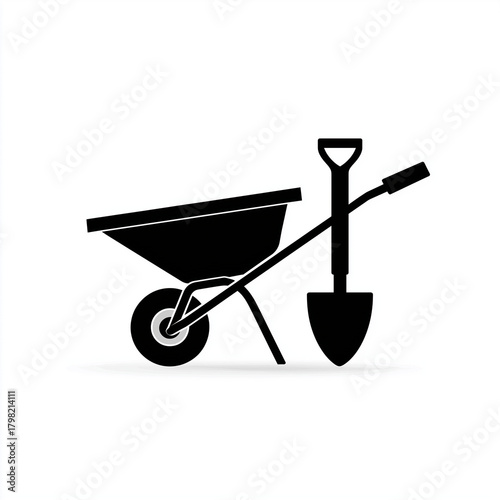 wheelbarrow and shovel on a white background in a simple style