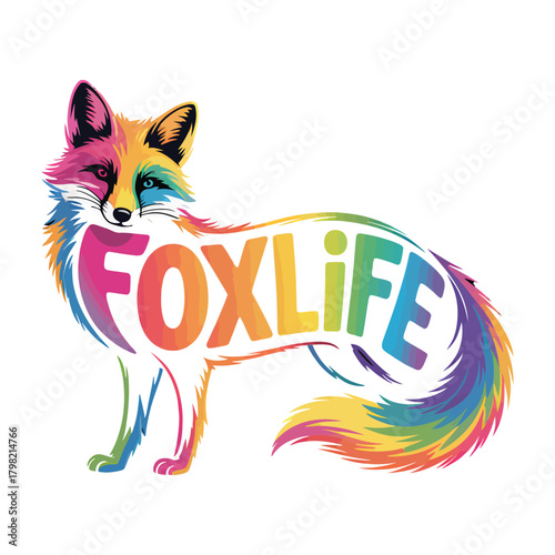 Vibrant fox appears strikingly with FOXLIFE letter filling its body on white