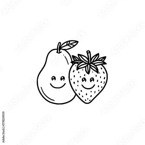 Cute pear and strawberry cartoon illustration for kids coloring page or fruit themed design with happy faces