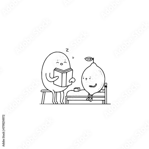 Cute bedtime story illustration of fruit and vegetables reading before sleep vector drawing design
