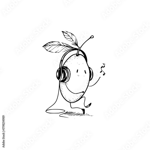 Cartoon mango character listening music with headphones vector illustration design art drawing style