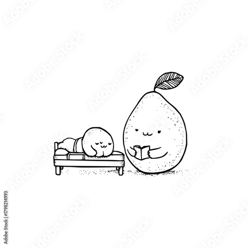 Cute pear reading bedtime story to sleeping fruit character illustration vector graphic design