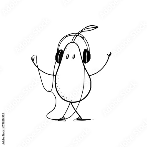 Cute pear character listening music with headphones doodle vector illustration for design and decoration project