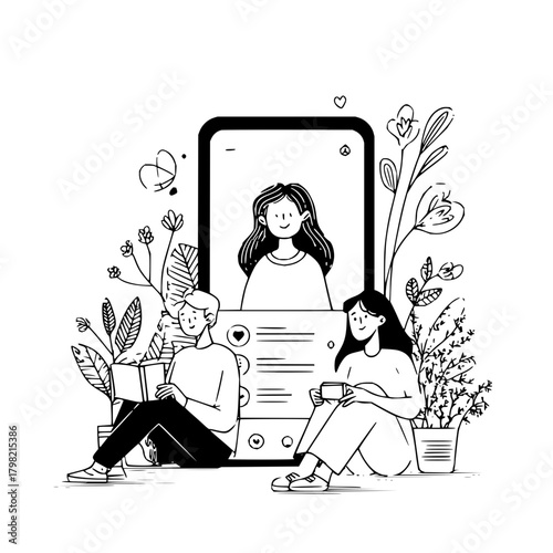 Online dating app illustration of people connecting virtually and enjoying each other's company online