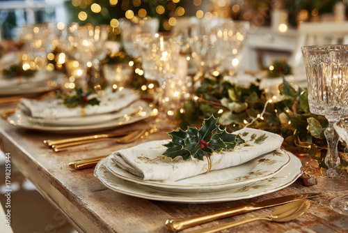 Christmas Holiday Table Setting with Holly Napkin Ring on Porcelain Plates Gold Flatware Crystal Goblet