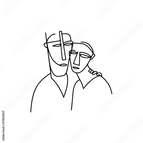 Minimalist line art drawing of couple embracing love and support modern artistic illustration design 100