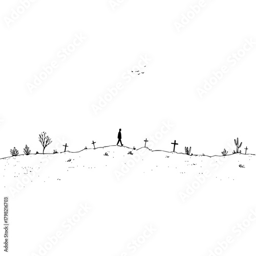 Man walking alone in graveyard landscape drawing, minimalist vector illustration, black and white art design