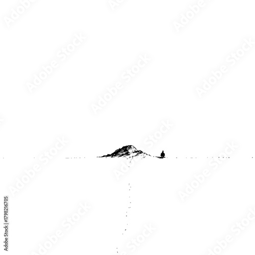 Minimalist black and white landscape drawing of a mountain with a lone figure silhouette art print design