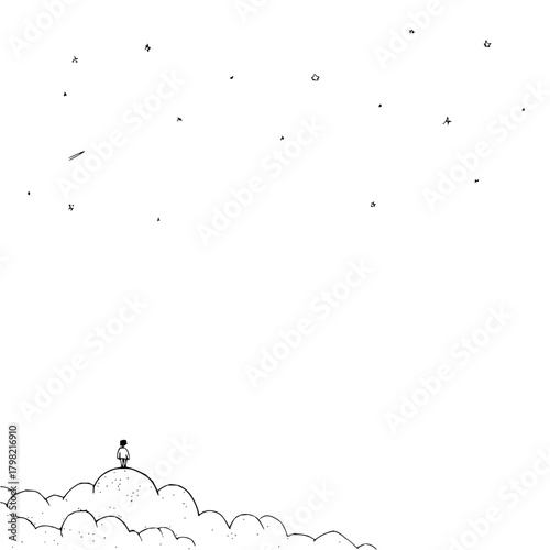 Minimalist drawing of a person standing on clouds looking at stars in the night sky illustration art