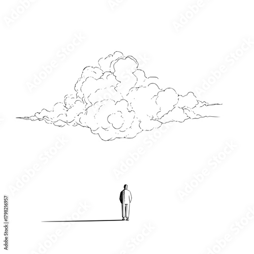 Cloudy sky illustration with man looking up drawing vector art black and white minimalist design concept art