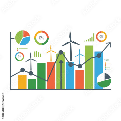 Wind energy growth and renewable power statistics illustrated with charts and graphs on white background.