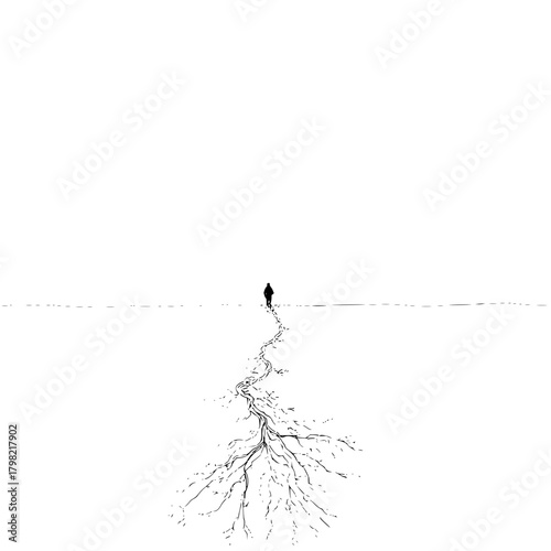 Black and white minimalist art print of a lone figure walking on a path of roots in a vast landscape