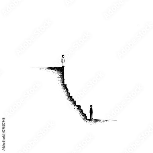 Conceptual art illustration of two people on staircase representing separation and distance with shadows