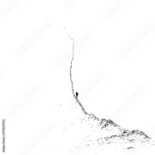 Mountain climbing adventure illustration of person hiking on mountain trail in black and white style art