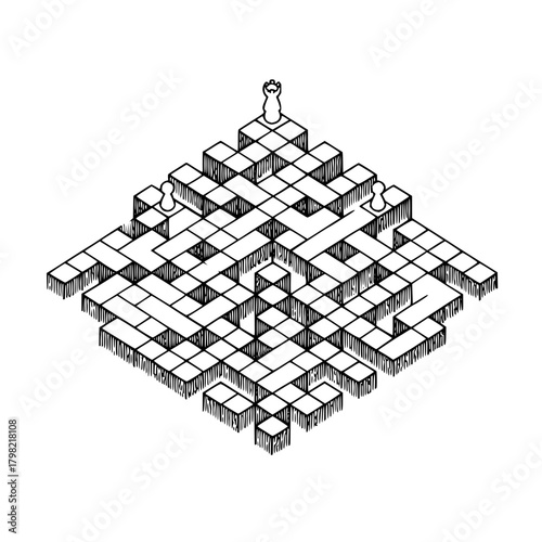 Isometric chess puzzle game illustration with pawn and queen on a block maze for strategy and logic 3d art
