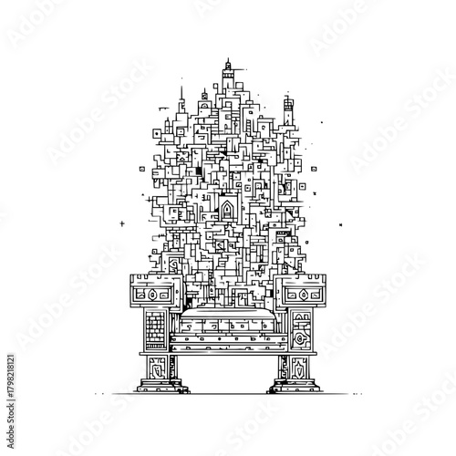 Abstract throne design intricate line art drawing black and white complex structure architecture graphic art