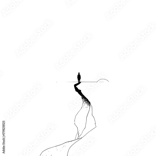 Minimalist art print of a man standing on a cliff edge contemplating the abyss black and white drawing