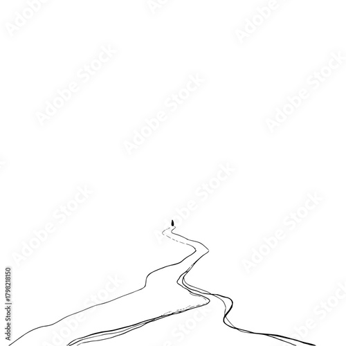 Minimalist line art of a winding road leading to a solitary figure in the distance travel and journey concept