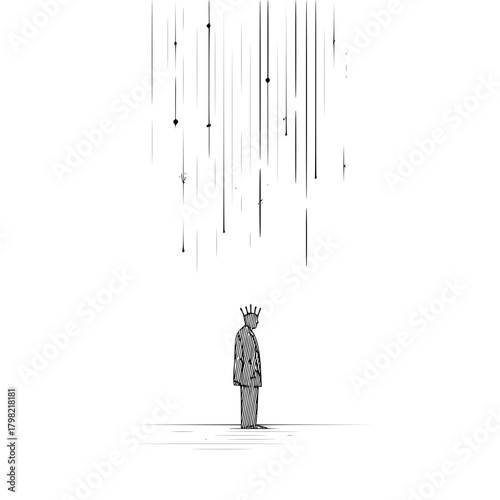 Conceptual art of a lonely king under falling lines drawing black and white illustration concept of sadness