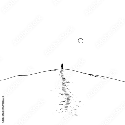 Minimalist landscape drawing of a lone figure walking on a hill under the sun vector illustration art