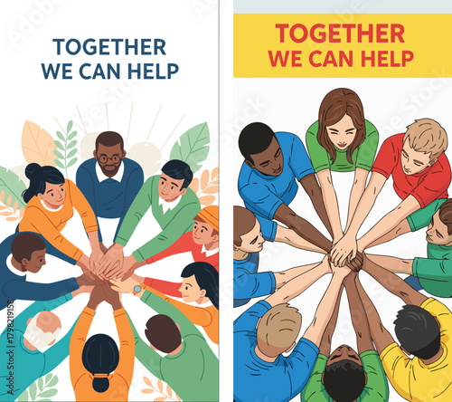 Together We Can Help, nonprofit charity card design, vector, set