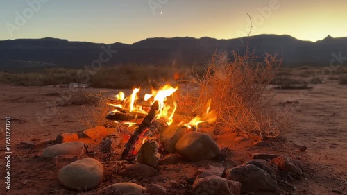Campfire glowing at sunset in a quiet desert landscape