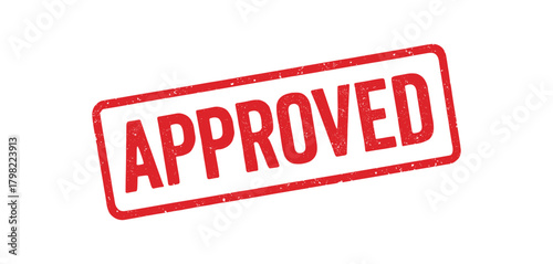 Red rubber stamp text APPROVED rectangular outline bold capital letters distressed texture rotation isolated on white background vector illustration clean minimal style