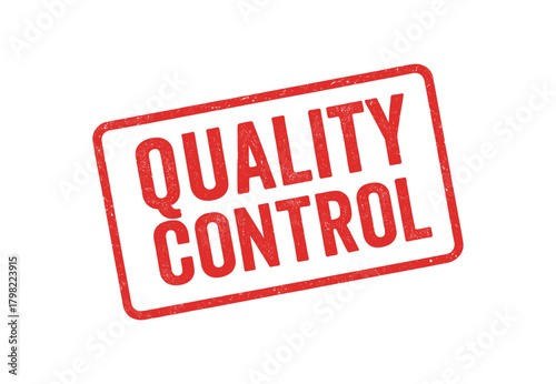 Red rubber stamp text QUALITY CONTROL rectangular outline bold capital letters distressed texture rotation isolated on white background vector illustration clean minimal style