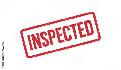 Red rubber stamp text INSPECTED rectangular outline bold capital letters distressed texture rotation isolated on white background vector illustration clean minimal style