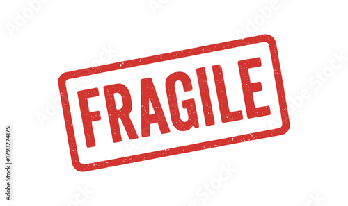 Red rubber stamp text FRAGILE rectangular outline bold capital letters distressed texture rotation isolated on white background vector illustration clean minimal style
