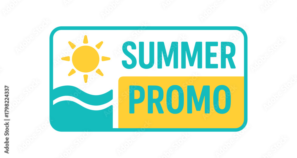 Fototapeta premium Flat vector banner design icon of sun and wave near text SUMMER PROMO turquoise and modern layout